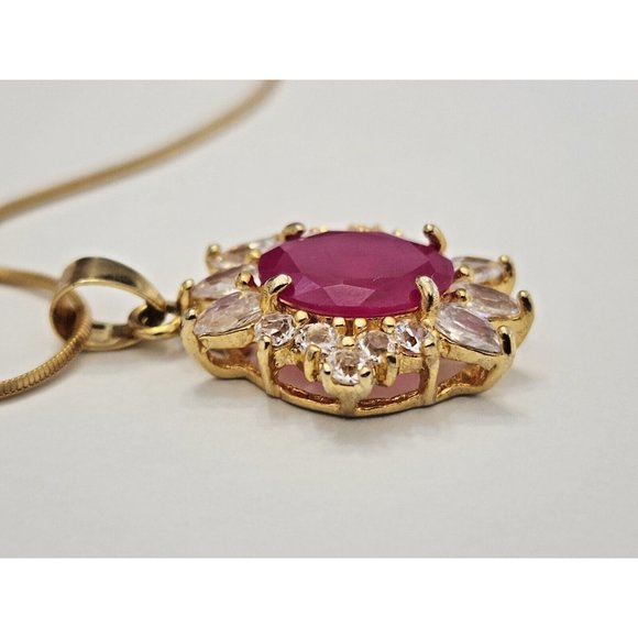 18k Gold Plated Ruby & Clear Cubic Zirconia CZ Pendant Necklace - Picture 4 of 13